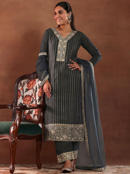 Black and Grey Floral Embroidered Thread Work Kurta with Trouser & Dupatta