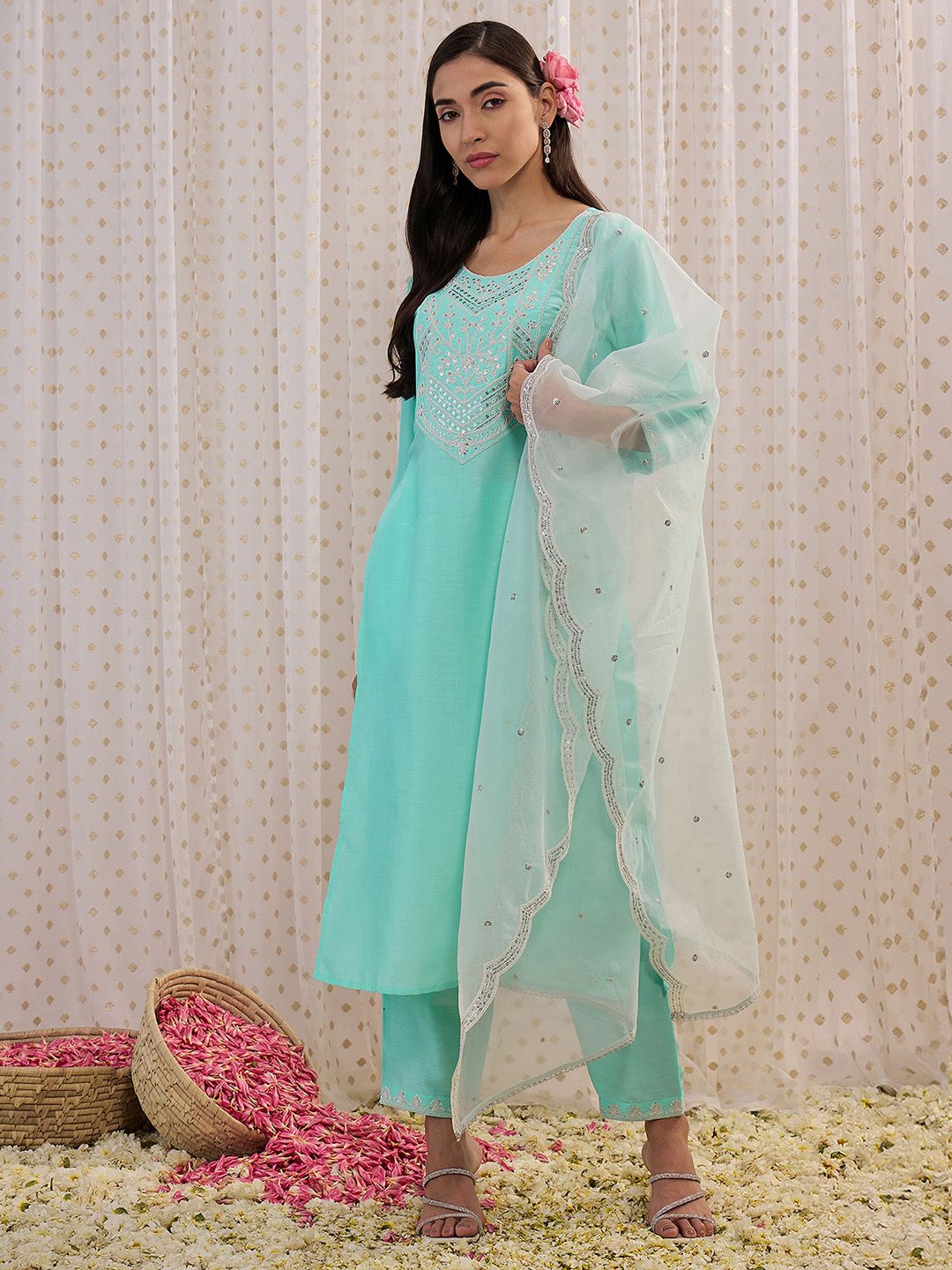 Dhiyona IE Floral Embroidered Regular Aari Work Kurta with Trousers & With Dupatta