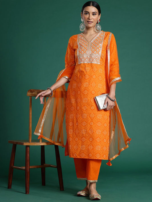 Dhiyona IE Bandhani Printed Sequinned Pure Cotton Kurta With Trousers & Dupatta