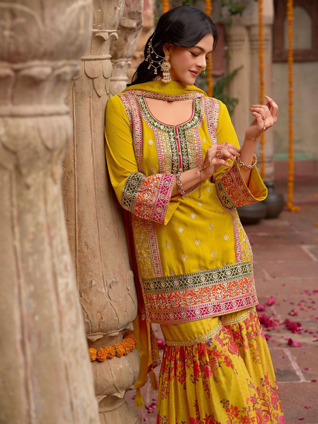 Embroidered Sequinned Kurti With Sharara & Dupatta