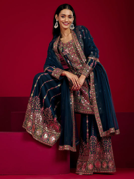 Dhiyona LL Floral Embroidered Sequinned Kurta With Palazzos And Dupatta