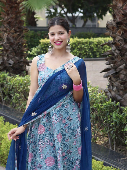 Dhiyona KL Floral Printed Sequinned Sleeveless Anarkali Kurta With Trouser & Dupatta