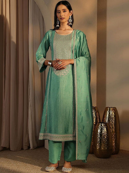 Women Ethnic Motifs Embroidered Panelled Kurta with Trousers & With Dupatta