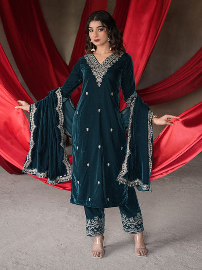 Dhiyona LL Floral Embroidered Zari Velvet Straight Kurta With Palazzos & Dupatta