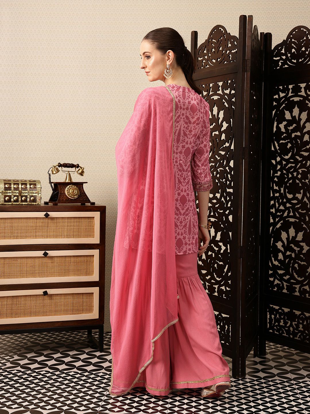 Dhiyona HOP Floral Printed Sequinned Gathered Jashn Kurti With Sharara & Dupatta