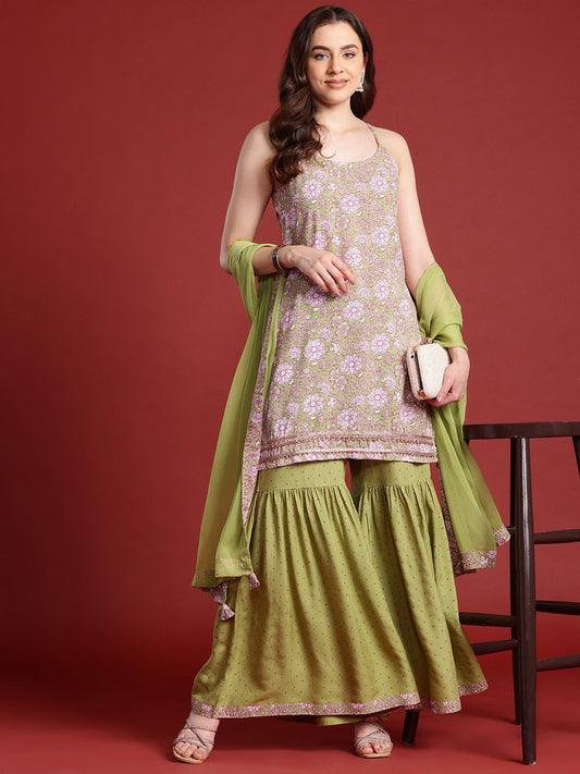 Dhiyona AN X Basant Bahaar Floral Printed A-Line Kurta With Sharara & Dupatta