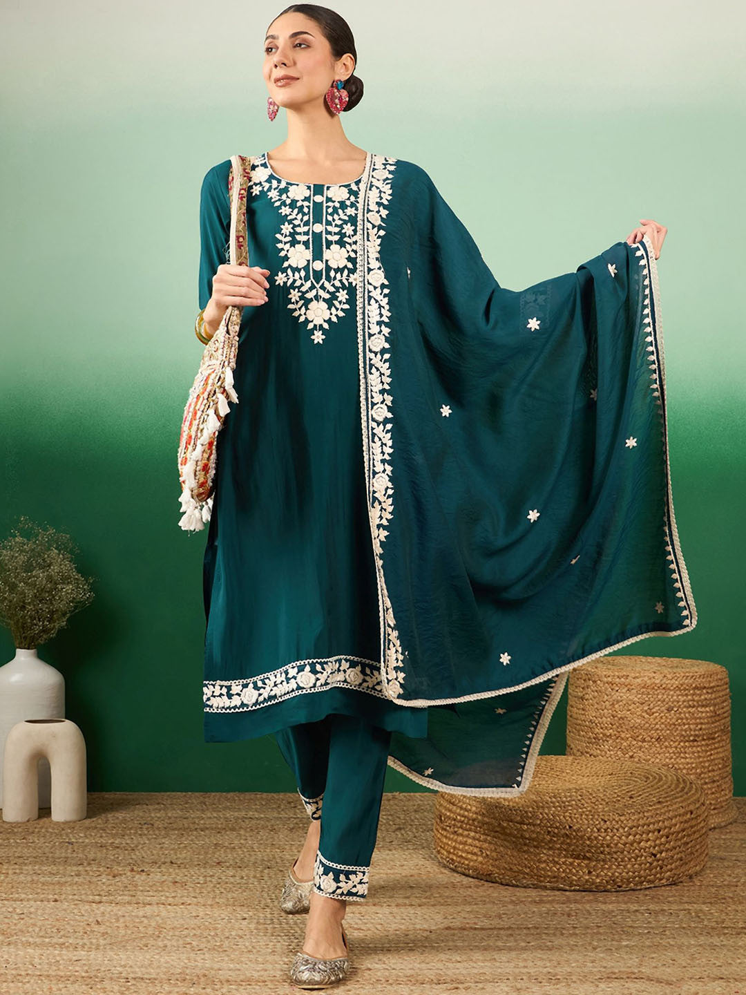 Teal Green Floral Embroidered Jacquard Straight Kurta With Trousers & Dupatta