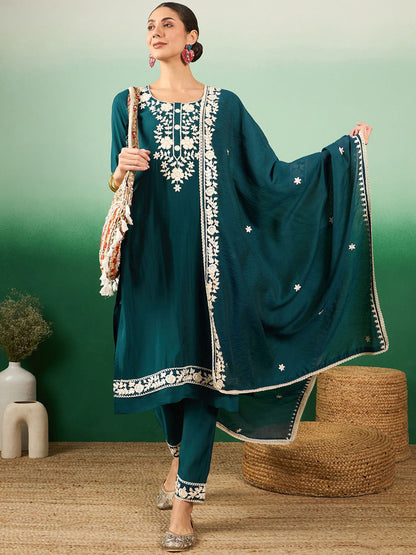 Teal Green Floral Embroidered Jacquard Straight Kurta With Trousers & Dupatta