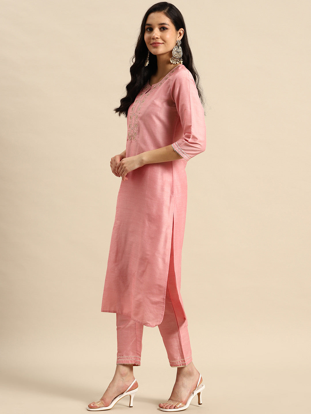 Floral Embroidered Sequinned Pure Cotton Kurta with Trousers & Dupatta