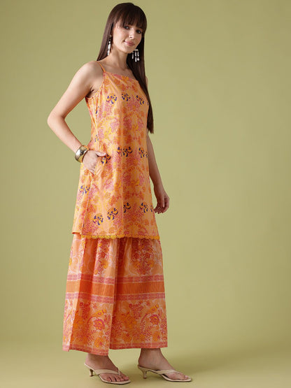 Dhiyona AN Ethnic Motifs Printed Lace Inserts Kurta with Sharara & With Dupatta
