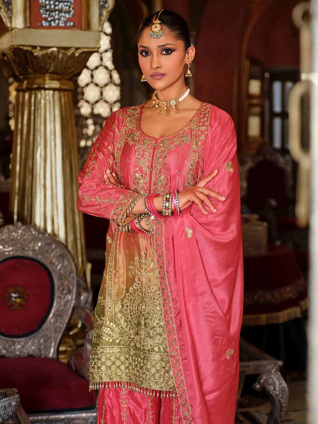 Dhiyona IE Women Ethnic Motifs Embroidered Regular Mirror Work Kurta with Palazzos & Dupatta