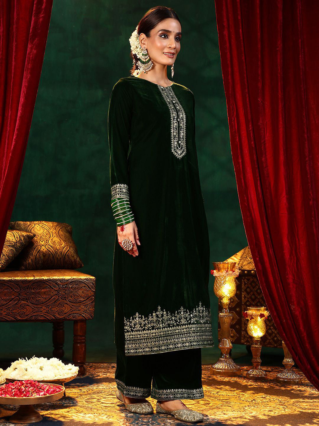 Floral Yoke Design Straight Sequinned Velvet Kurta with Trousers & With Dupatta