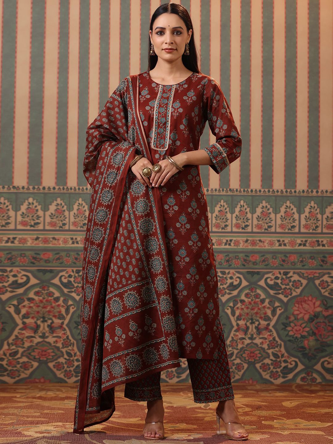 Dhiyona RR Women's Floral Printed Pure Cotton Kurta with Trousers & Dupatta