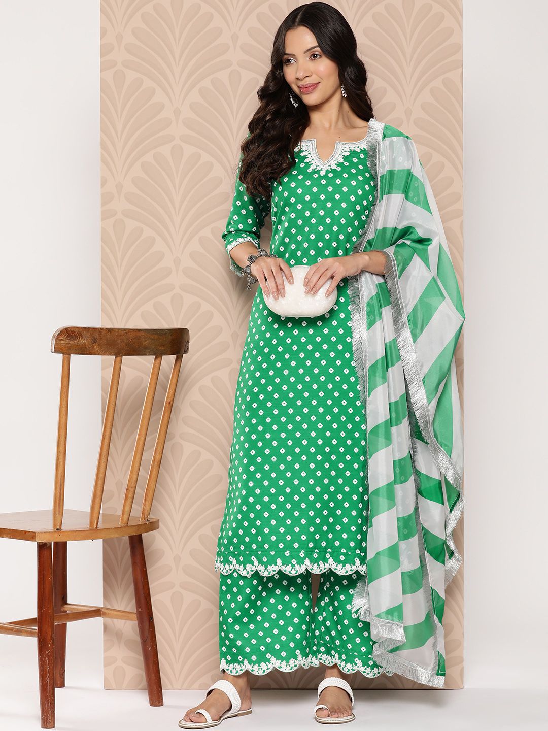 Dhiyona VA Women'sBandhani Printed Lace Detailed Straight Kurta with Trousers and Dupatta