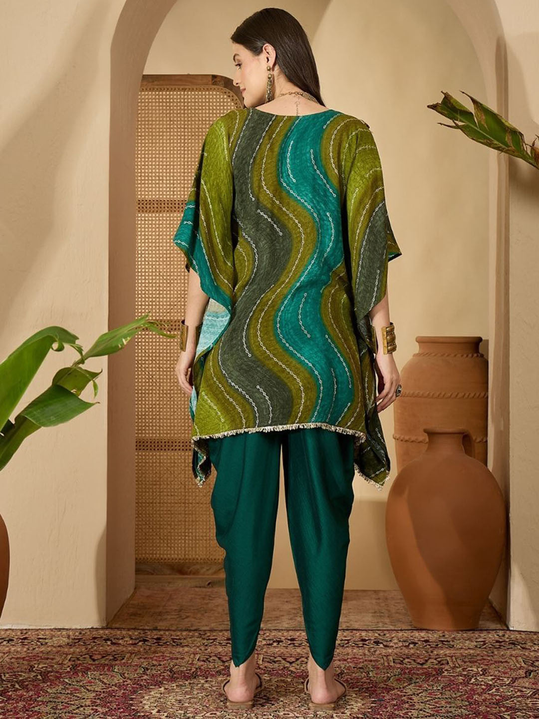 Leheriya Printed with Embellished Kaftan Kurta with Dhoti Pant Set