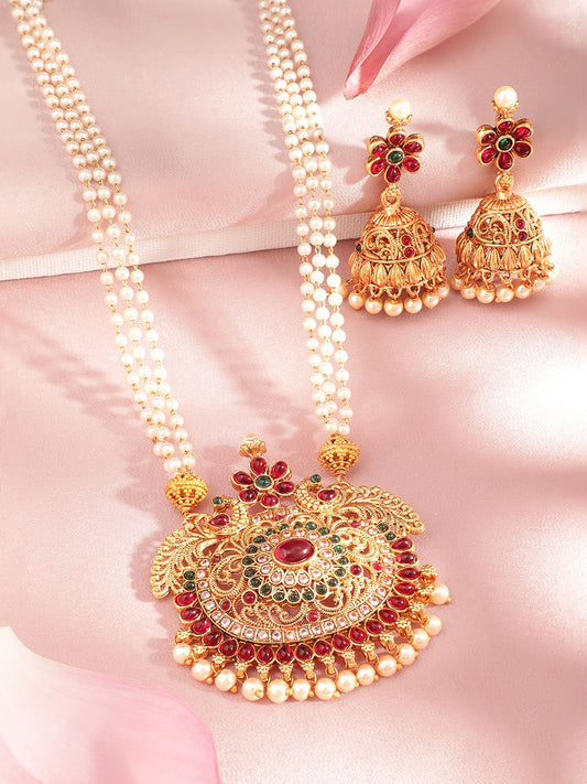 Dhiyona RJ Women's 22K Gold Plated Ruby Emerald & Cubic Zirconia Studded Pearl Beaded Jewellery Set