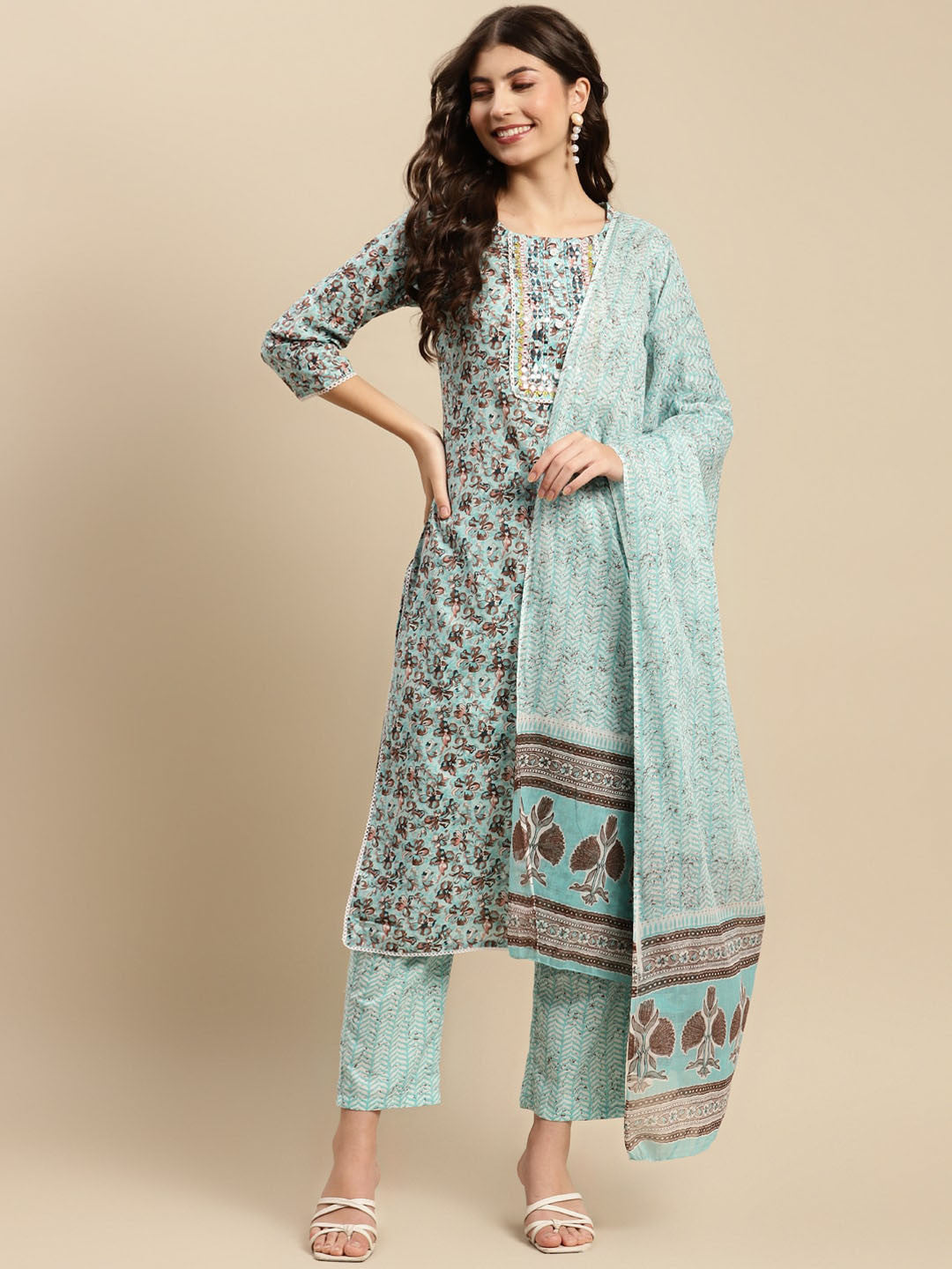 Sea Green & Brown Floral Printed Pure-Cotton Straight Kurta With Trouser & Dupatta