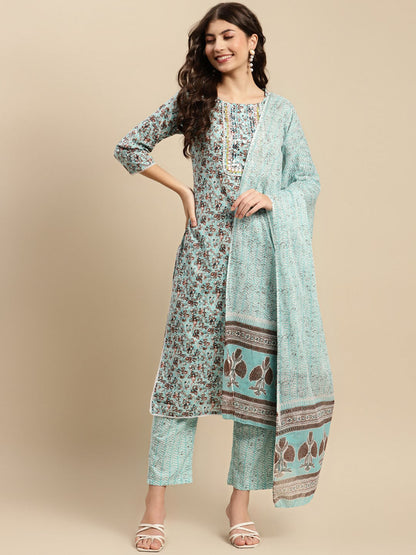 Sea Green & Brown Floral Printed Pure-Cotton Straight Kurta With Trouser & Dupatta