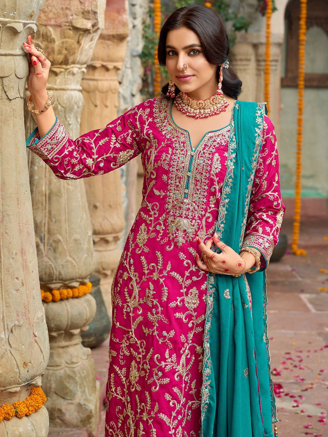 Dhiyona IE Zari Ethnic Motifs Embroidered Notch Neck Straight Kurta With Trousers & Dupatta