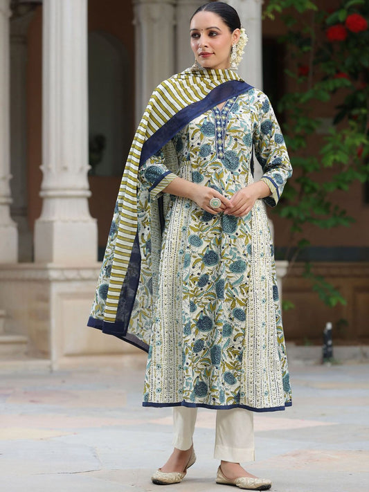 Dhiyona RR Women's Floral Printed Thread Work Pure Cotton Kurta with Trousers & With Dupatta