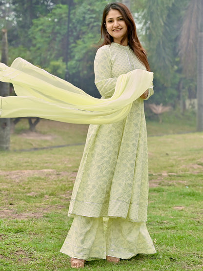 Women Yellow & White Printed Kurta with Palazzos & Dupatta