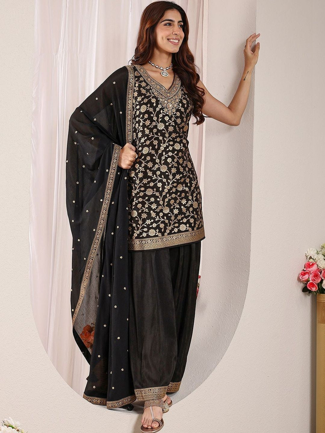 Black Floral Woven Design Straight Suit Set with Dupatta