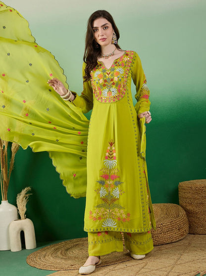 Dhiyona KL Floral Embroidered Regular Straight Kurta with Palazzos & Dupatta