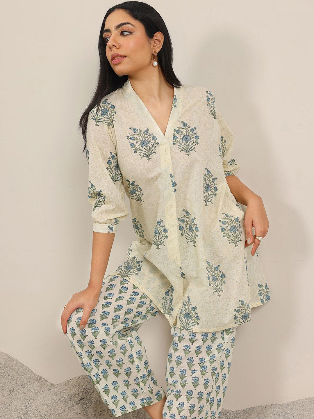 Floral Printed V-Neck A-Line Kurta With Palazzo