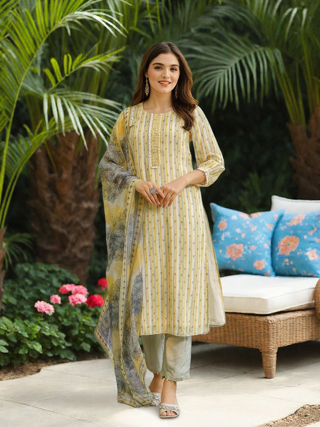 Dhiyona IS Women's Women Striped Thread Work Silk Chiffon Kurta with Trousers & Dupatta