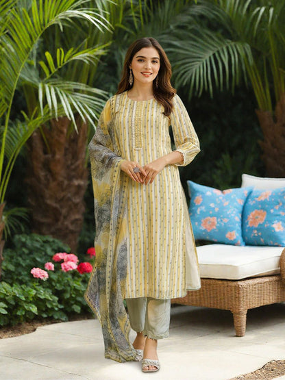 Dhiyona IS Women's Women Striped Thread Work Silk Chiffon Kurta with Trousers & Dupatta