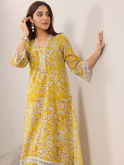 Floral Printed V-Neck A-Line Kurta With Trousers