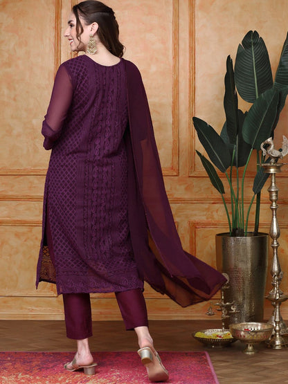 Dhiyona IS Women's Paisley Embroidered Regular Chikankari Kurta with Trousers & With Dupatta
