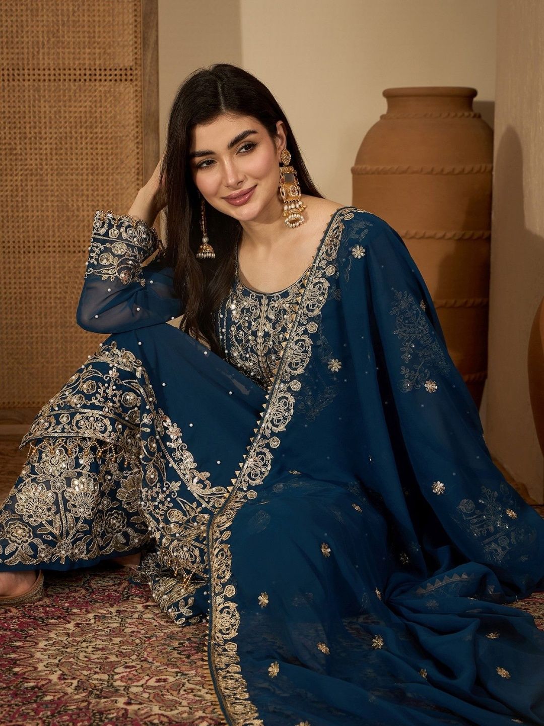 Dhiyona SN Women Ethnic Motifs Embroidered Regular Kurta with Sharara & With Dupatta