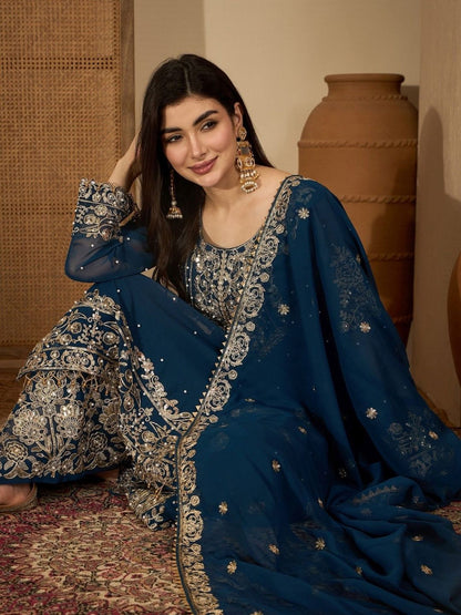 Dhiyona SN Women Ethnic Motifs Embroidered Regular Kurta with Sharara & With Dupatta
