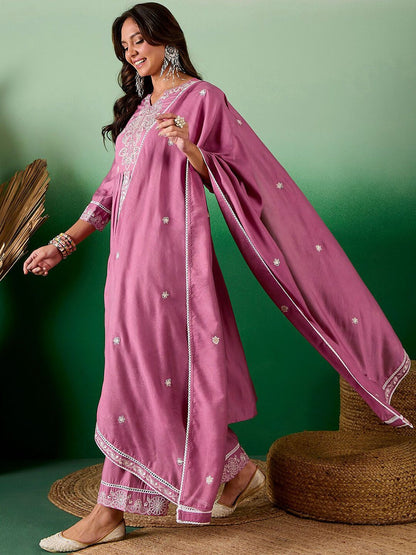 Dhiyona SN Embroidered Sequined A-Line Kurta With Palazzos & Dupatta