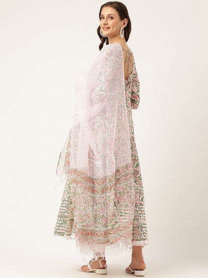 Dhiyona KL Floral Printed Pure Cotton Anarkali Kurta & Trousers With Dupatta