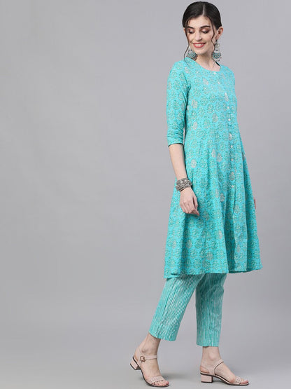 Dhiyona IS Women's Women Blue Printed Kurta with Trousers