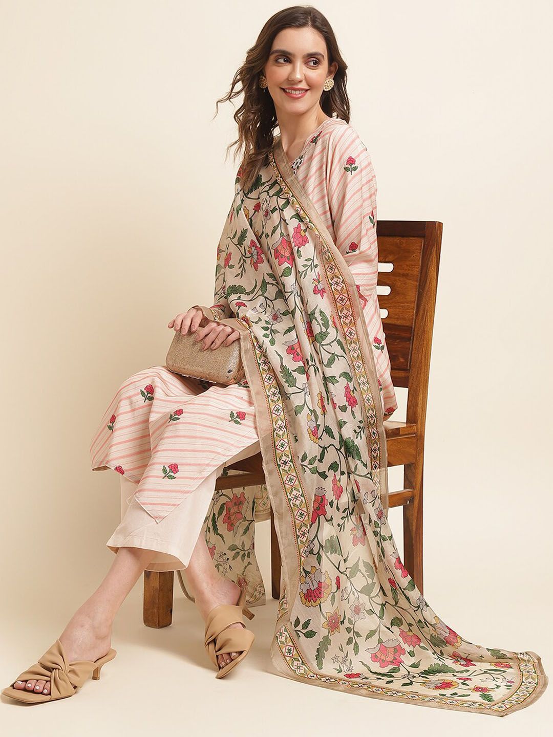 Dhiyona IS Women's Peach-Coloured Floral Printed Pure Cotton Straight Kurta & Trousers With Dupatta