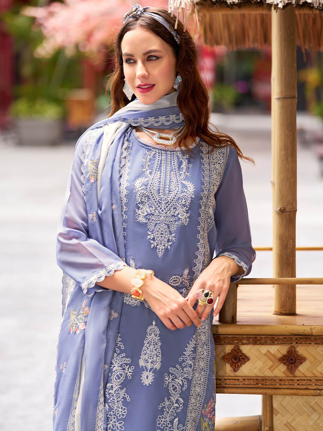 Dhiyona IE Floral Embroidered Round Neck Thread Work Straight Kurta With Trousers & Dupatta
