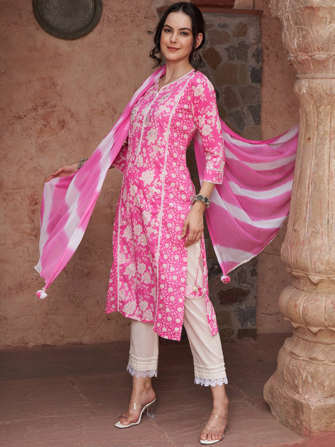 Ethnic Motifs Printed Sequined Pure Cotton Kurta with Trousers & Dupatta