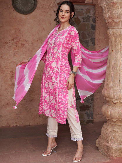 Ethnic Motifs Printed Sequined Pure Cotton Kurta with Trousers & Dupatta