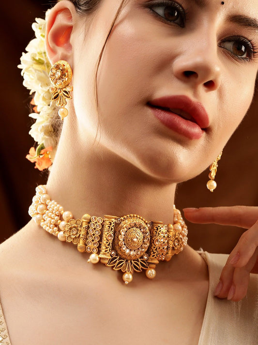 Dhiyona RJ Women's 22K Gold-Plated Pearl Beaded Multi-Strand Choker Set with Kundan & Floral Motifs