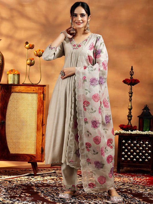 Floral Embroidered Pleated Thread Work Kurta with Trouser & Dupatta