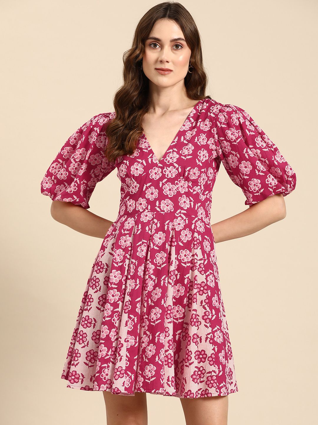 Dhiyona AY Women's Floral Print Puff Sleeves Fit & Flare Mini Dress