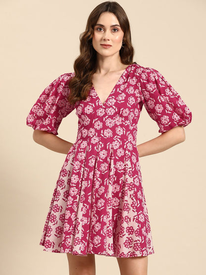 Dhiyona AY Women's Floral Print Puff Sleeves Fit & Flare Mini Dress