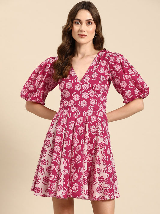 Dhiyona AY Women's Floral Print Puff Sleeves Fit & Flare Mini Dress