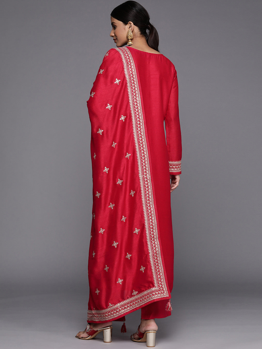 Women Red Ethnic Motifs Yoke Design Kurta with Trousers & With Dupatta