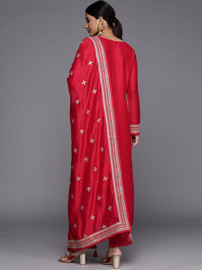 Women Red Ethnic Motifs Yoke Design Kurta with Trousers & With Dupatta