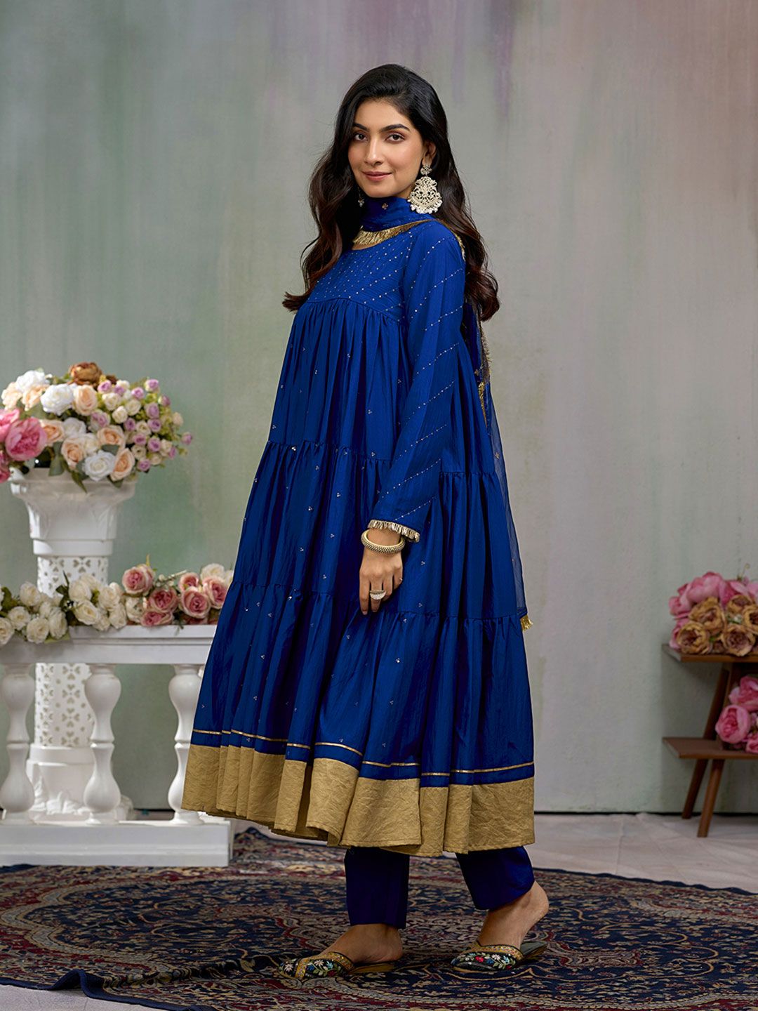 Dhiyona CH Women Floral Embroidered Tiered Sequinned A-Line Kurta With Trousers & Dupatta