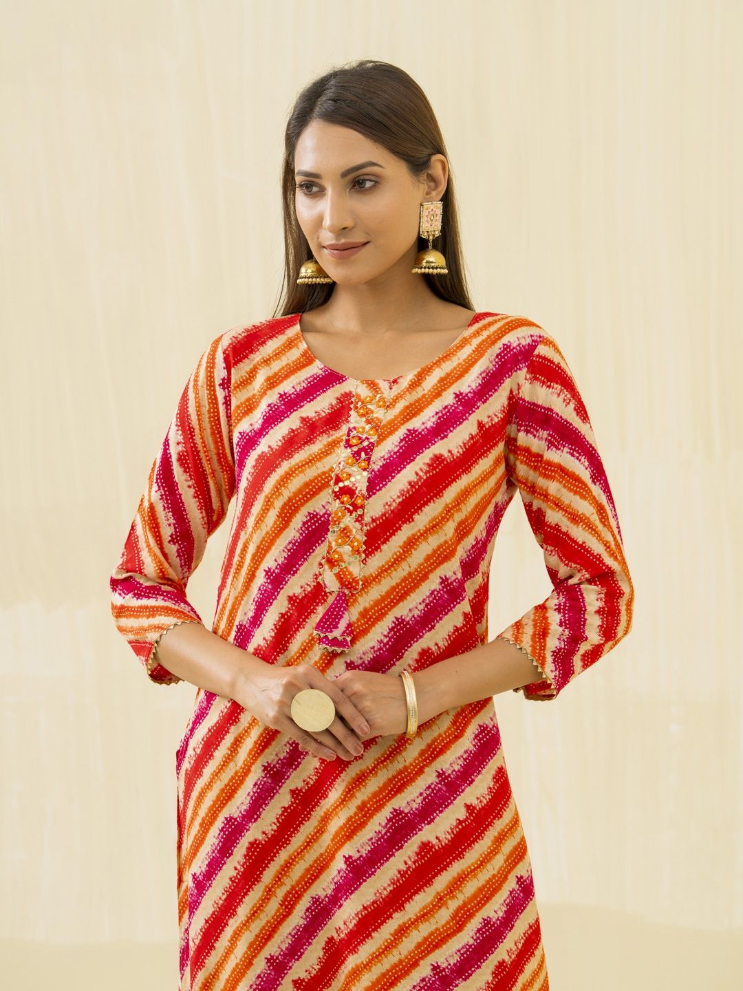 Dhiyona OD  Orange Striped Round Neck Gotta Patti Straight Kurta